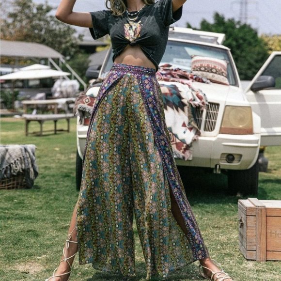 Coachella Festival Boho Floral Print Wrap Wide Leg Pants Without Belt - Picture 6 of 6